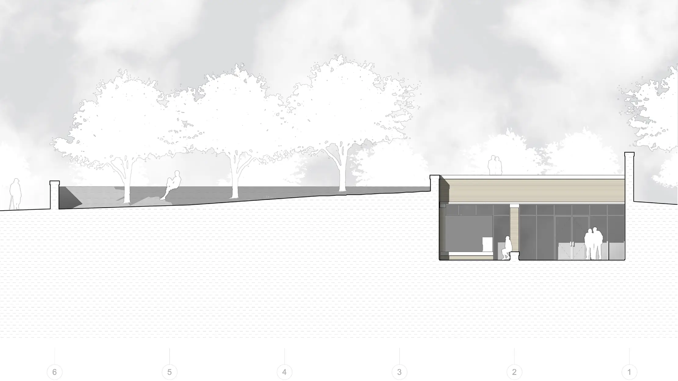 Montopolis School Cultural Center; Interior section showing the below grade seating area. Jonathan Malott, Austin Texas Architecture